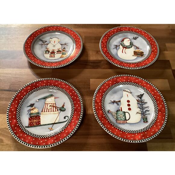 Sakura Debbie Mumm Frosty Folks Snowman Set of 4 Salad Dessert Plates - Picture 1 of 9